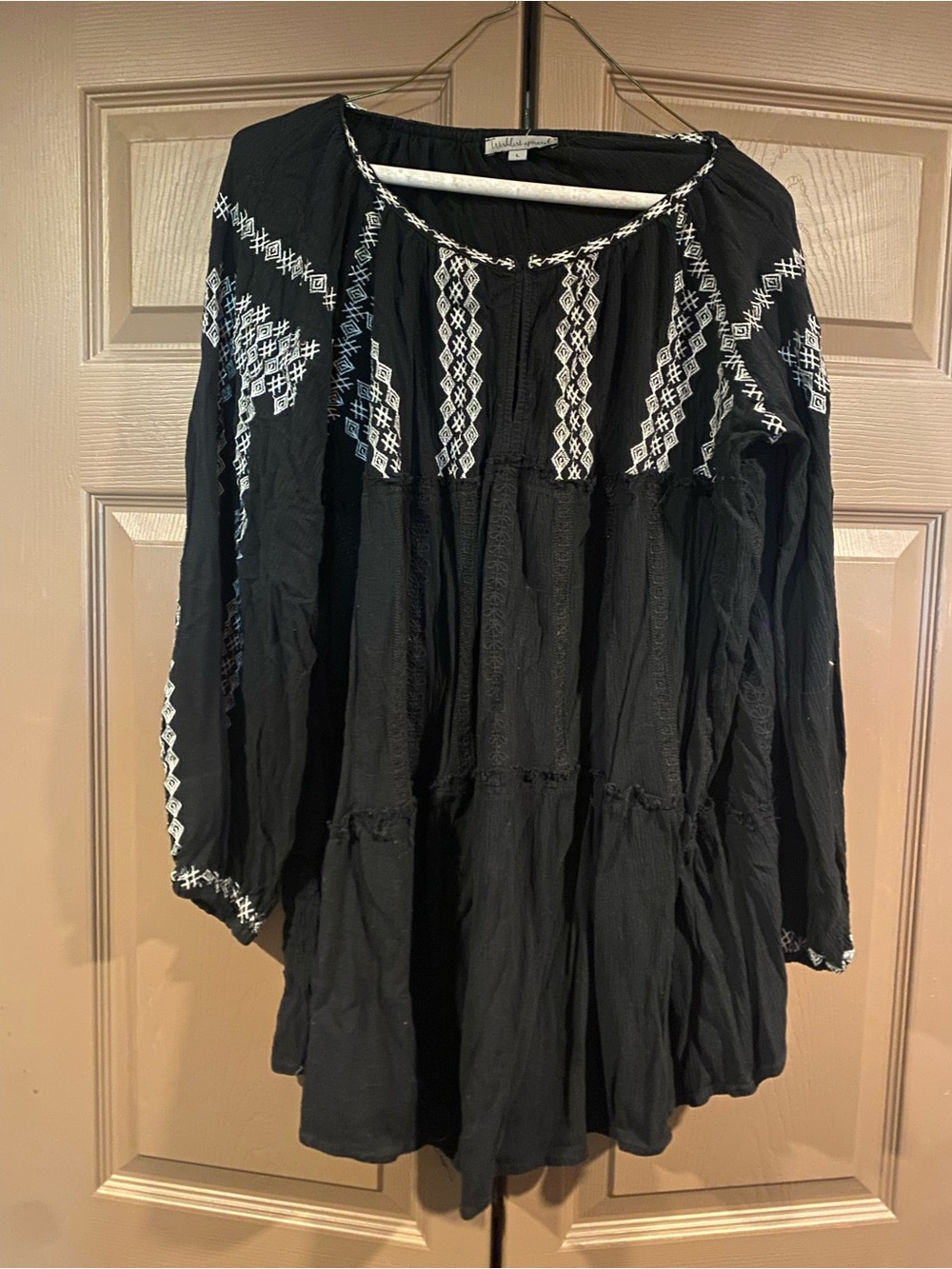 Boho Black Embroidered Peasant Top - Women's Black Top Large